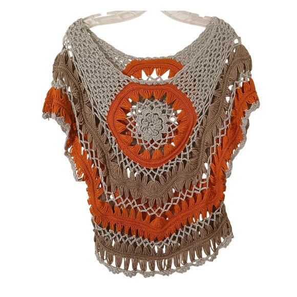 Vntg 90s Crochet Top Hairpin Lace Overlay Sweater Sz M Gray Orange Hippie Gypsy - Picture 1 of 15
